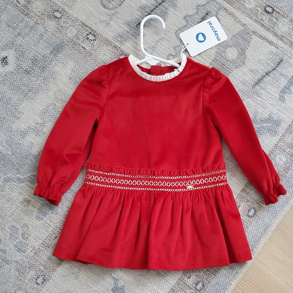 NWT Mayoral Baby Girls Red Smocked Velvet Long Sleeve Dress Sz12m
